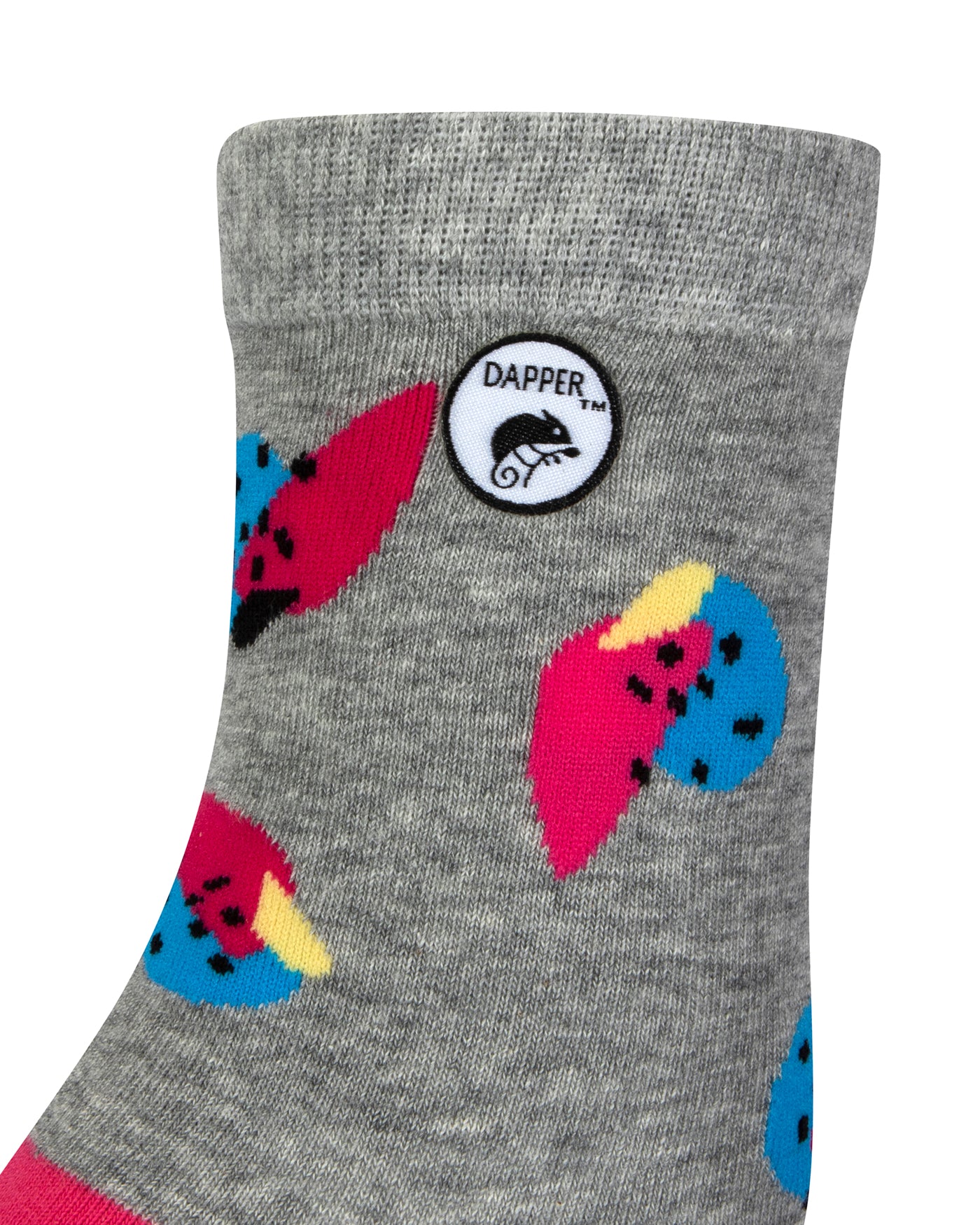 Side view of a combed cotton grey seamless toe anklet with cerise pink and blue fruit with a cerise heel and Dapper Chameleon logo.
