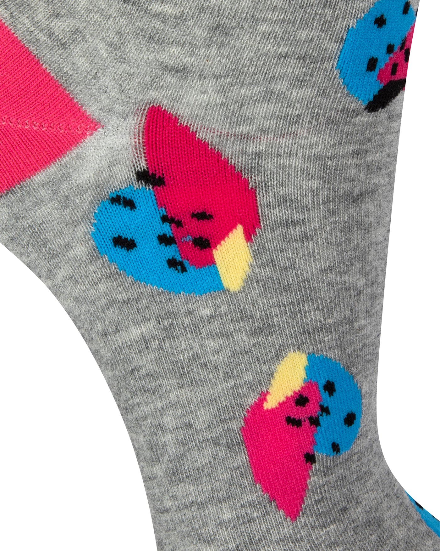 Textured view of a combed cotton grey seamless toe anklet with cerise pink and blue fruit with a cerise heel and toe.