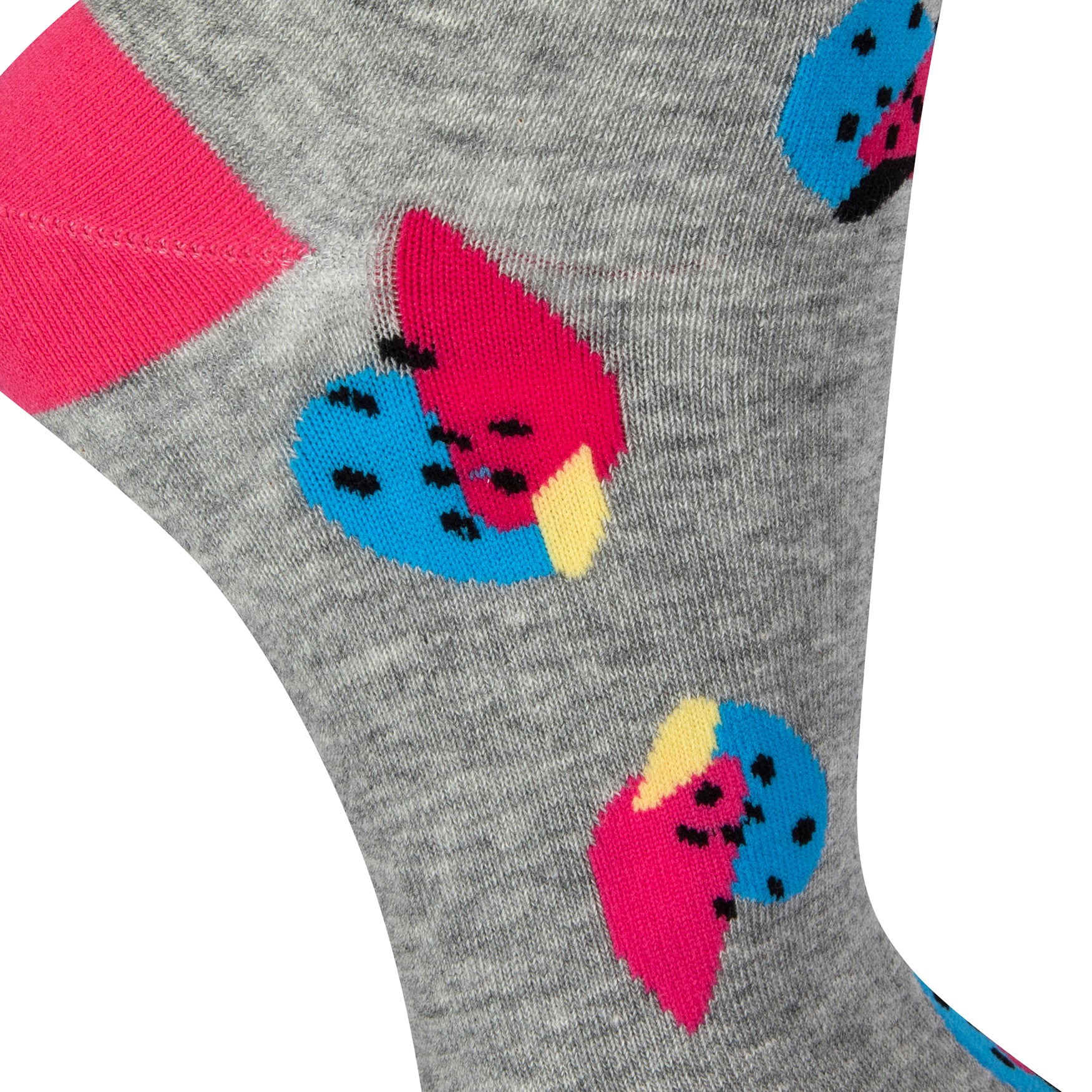 Textured view of a combed cotton grey seamless toe anklet with cerise pink and blue fruit with a cerise heel and toe.