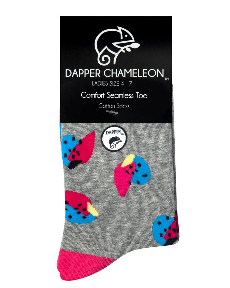Header card packaging of a combed cotton grey seamless toe anklet with cerise pink and blue fruit with a cerise heel and toe.