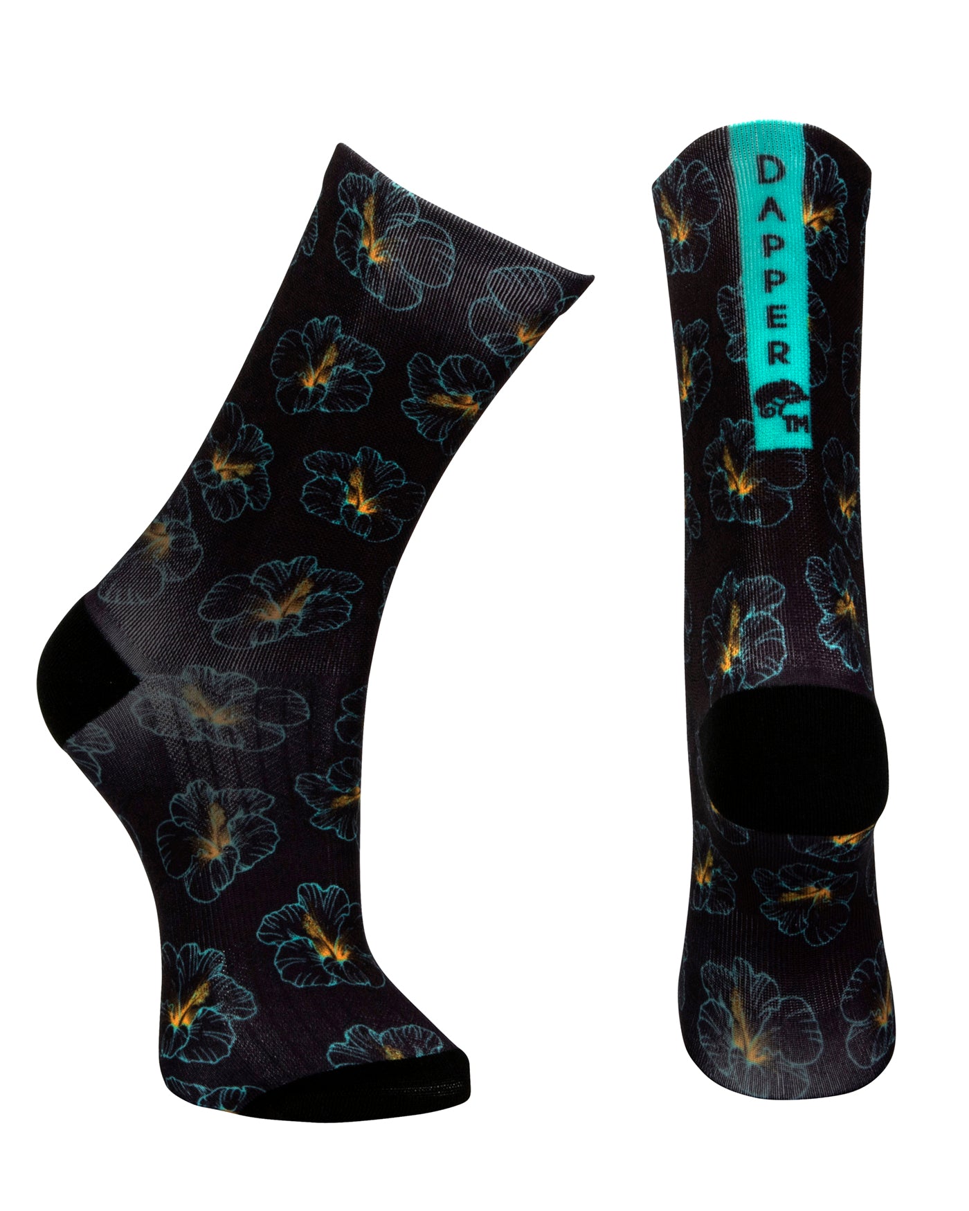 Black seamless toe sock with hibiscus floral print design and black heel and toe.