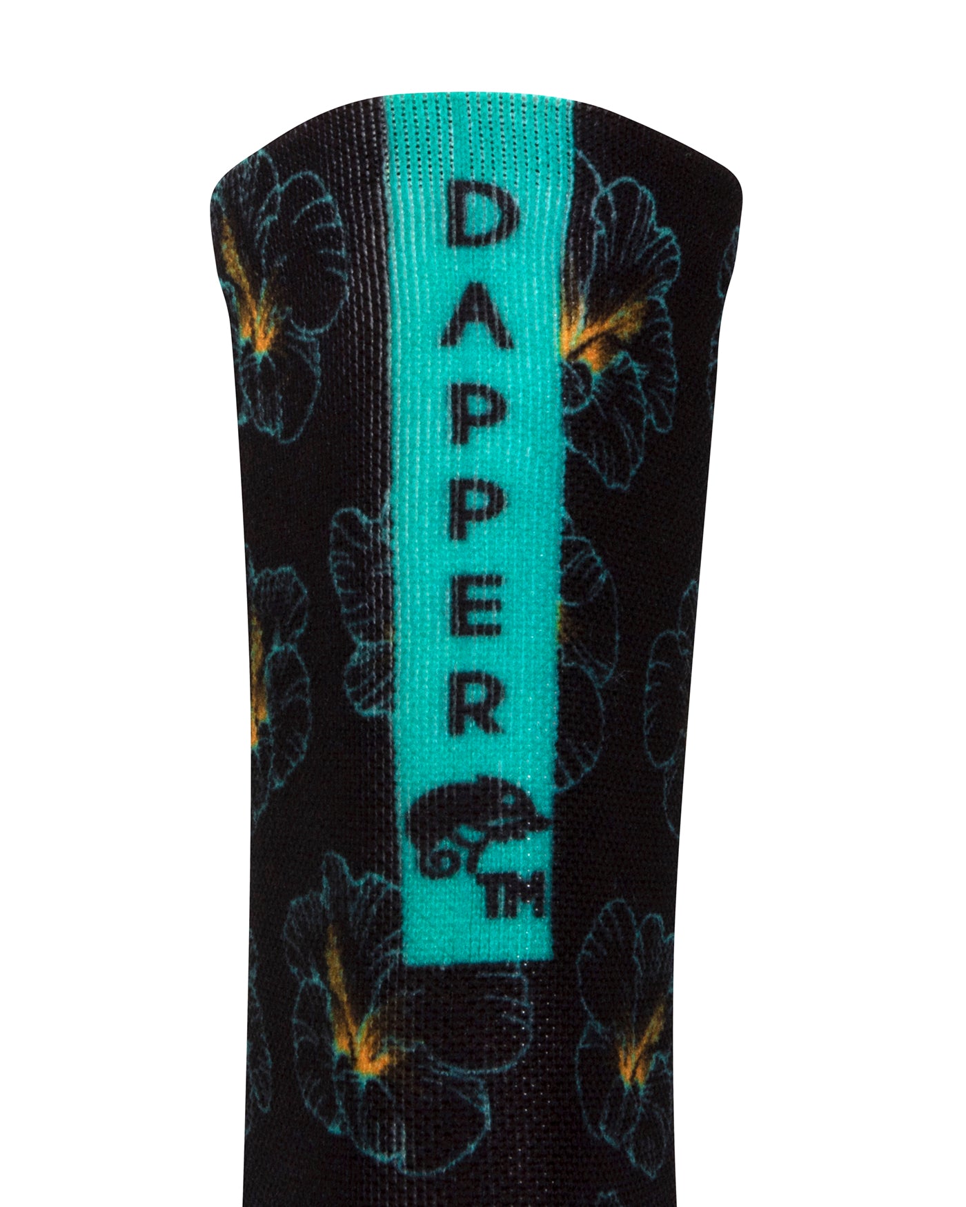 Back view of black seamless toe sock with a hibiscus floral print design and a teal strip with Dapper Chameleon wording and logo in black.