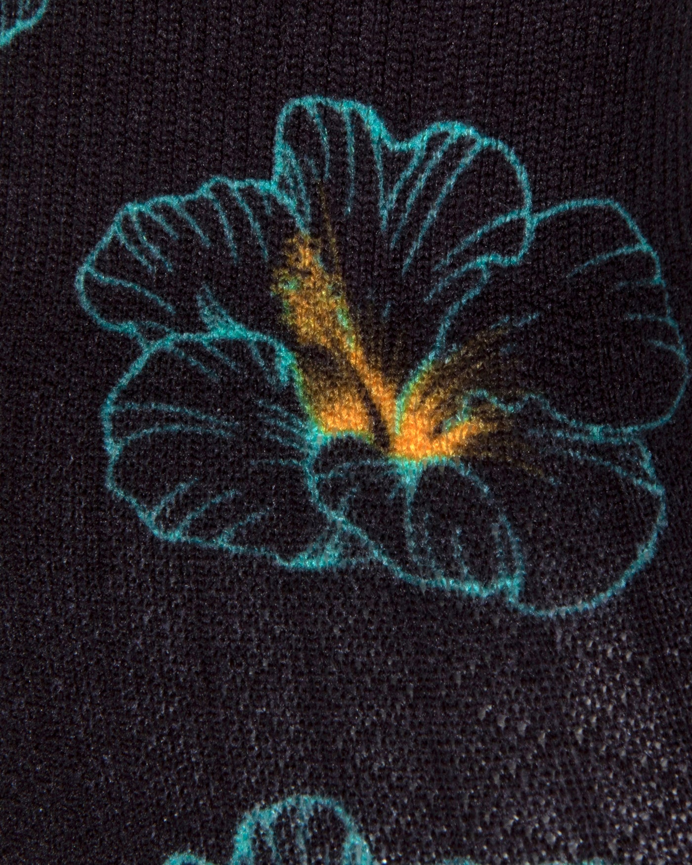 Textured view of black seamless toe sock with a hibiscus floral print design.
