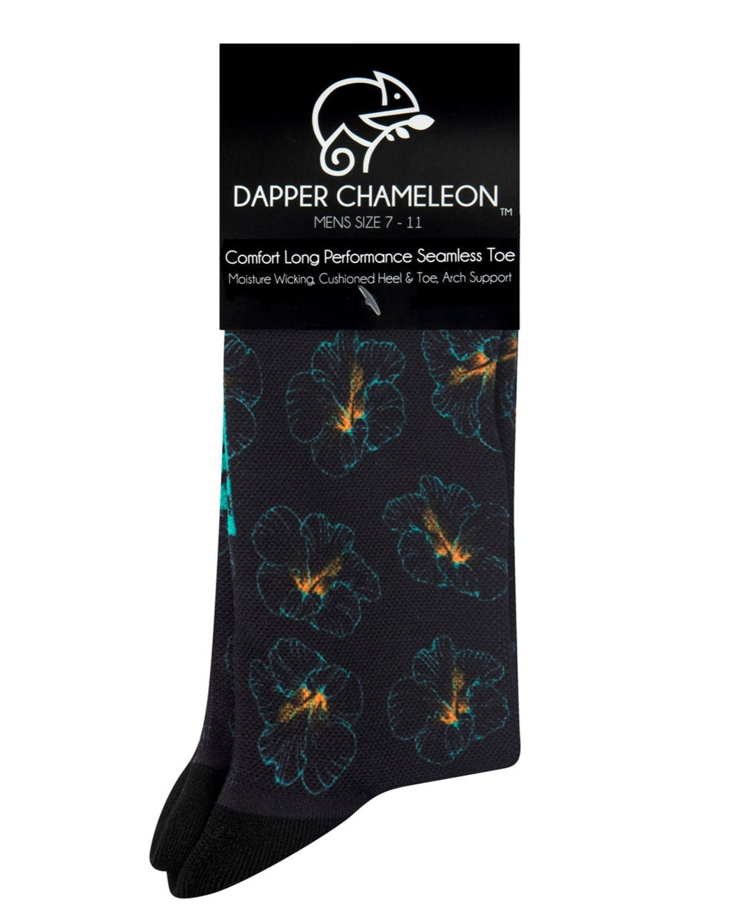 Header card packaging of the black seamless toe sock with hibiscus floral print design with a black heel and toe.
