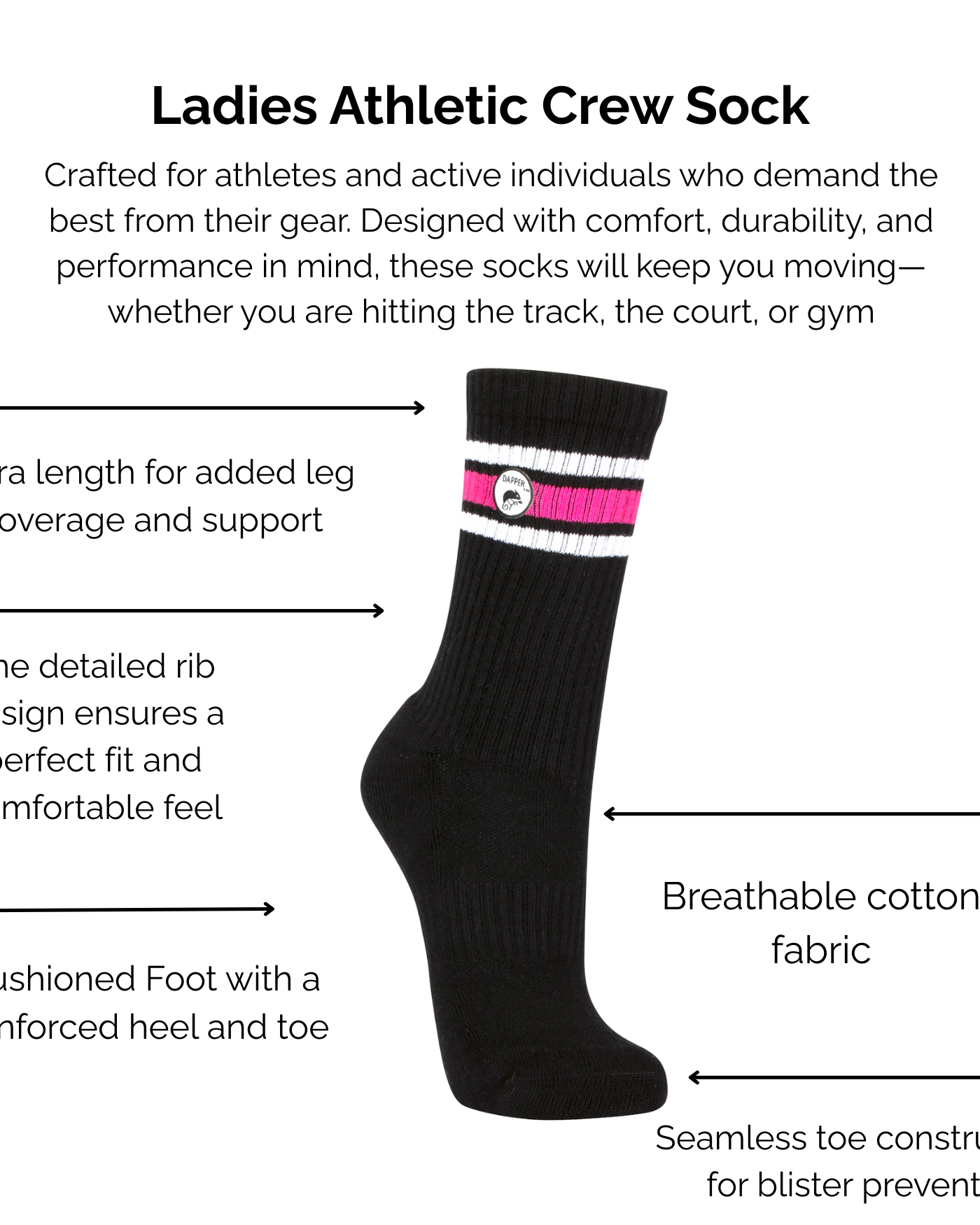 Black athletic crew sock with pink and white stripes on a white background, featuring text about sock technical features.