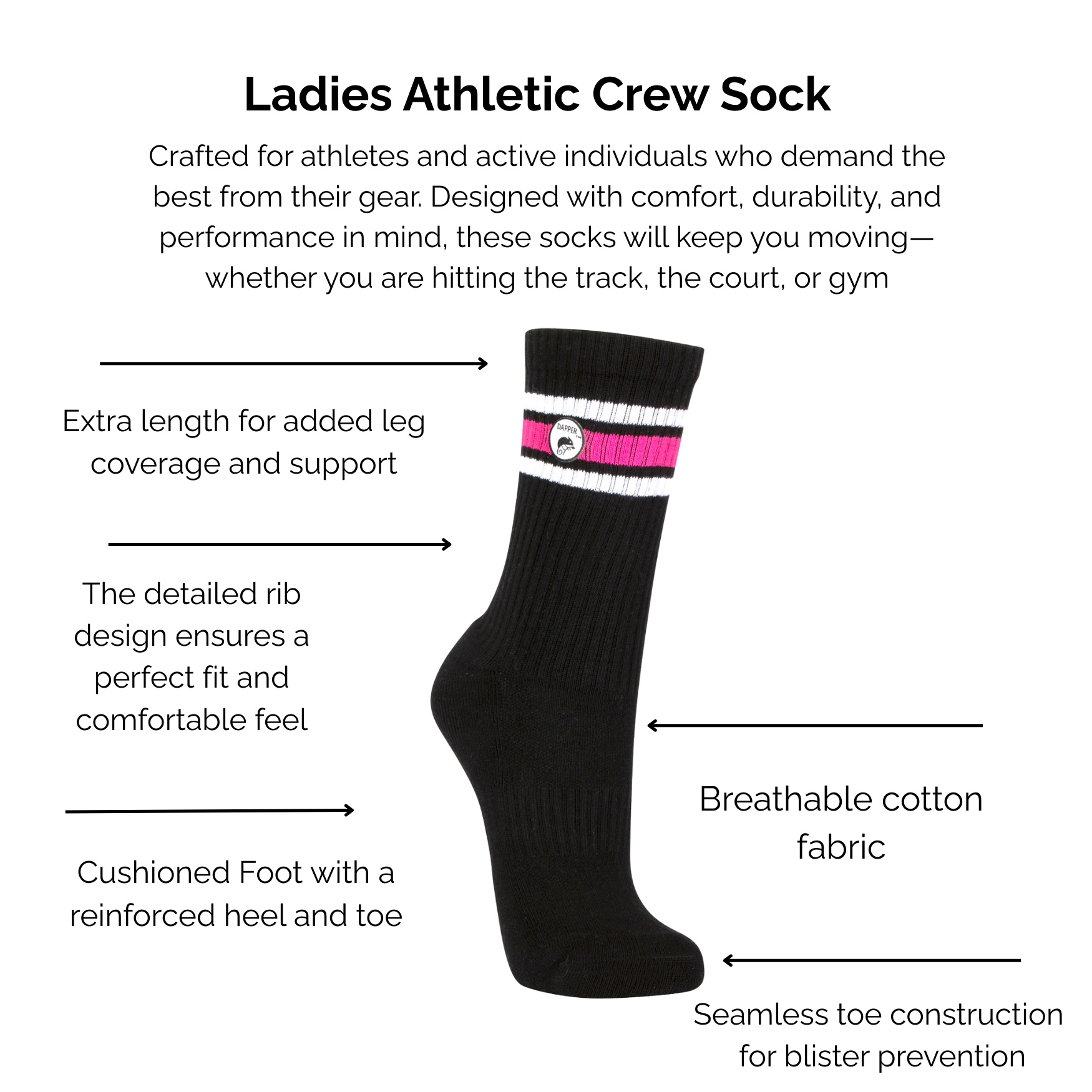 Black athletic crew sock with pink and white stripes on a white background, featuring text about sock technical features.