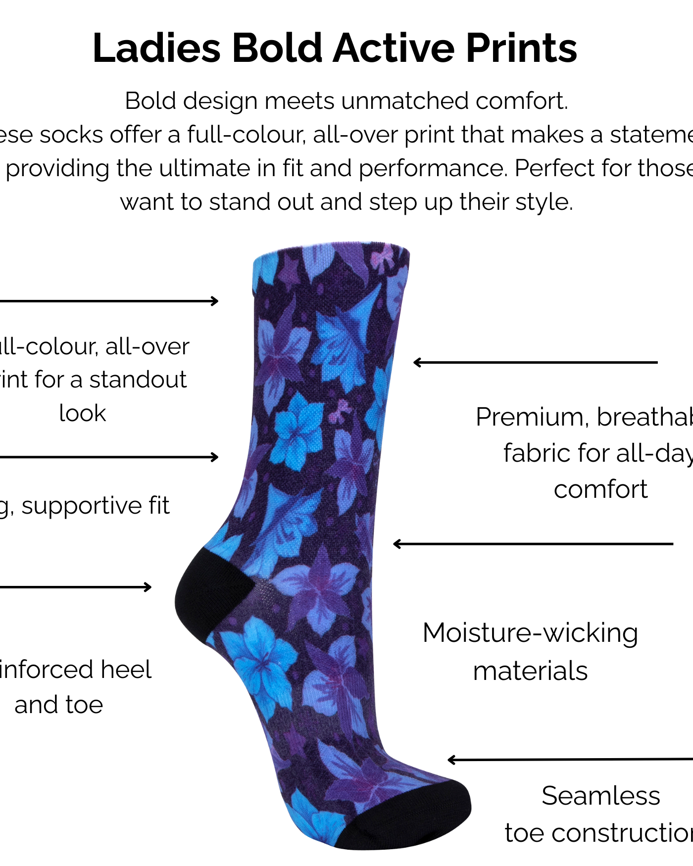 Ladies Bold Active Blue and Purple Floral Print socks with technical features listed on a white background.