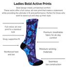 Ladies Bold Active Blue and Purple Floral Print socks with technical features listed on a white background.