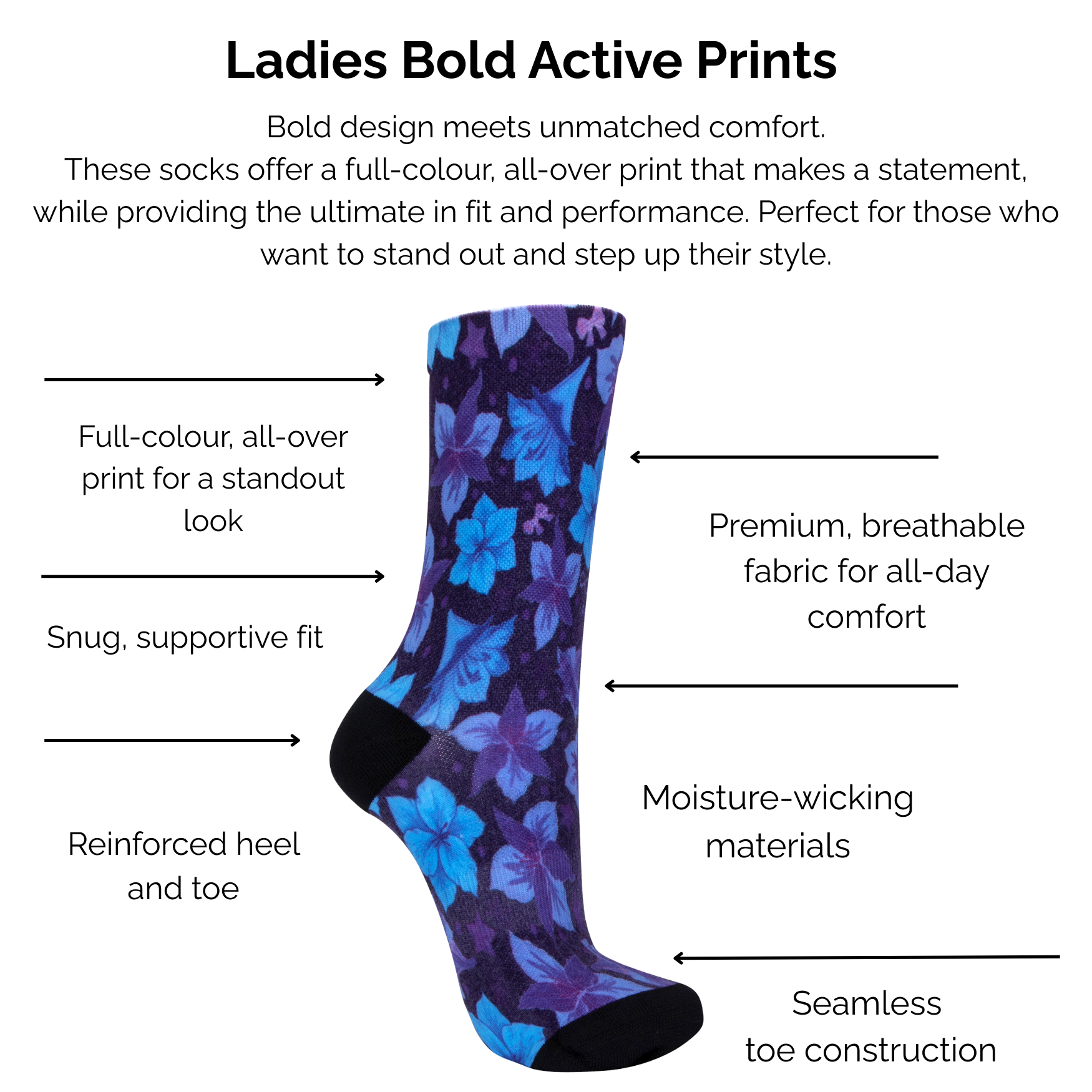 Ladies Bold Active Blue and Purple Floral Print socks with technical features listed on a white background.
