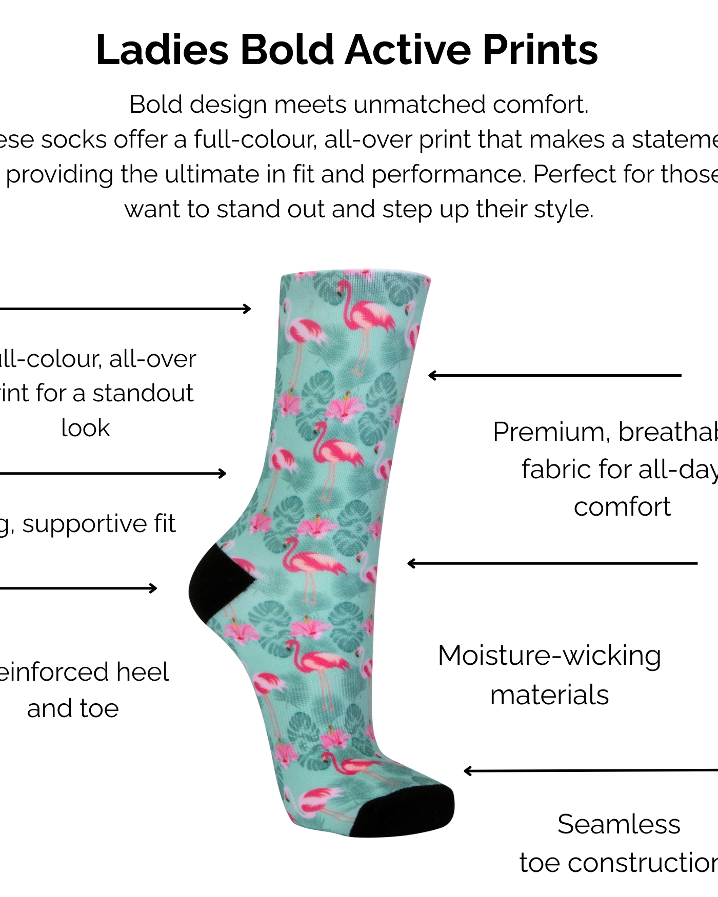 Ladies Bold Active Flamingo Print sock with technical features listed on a white background.