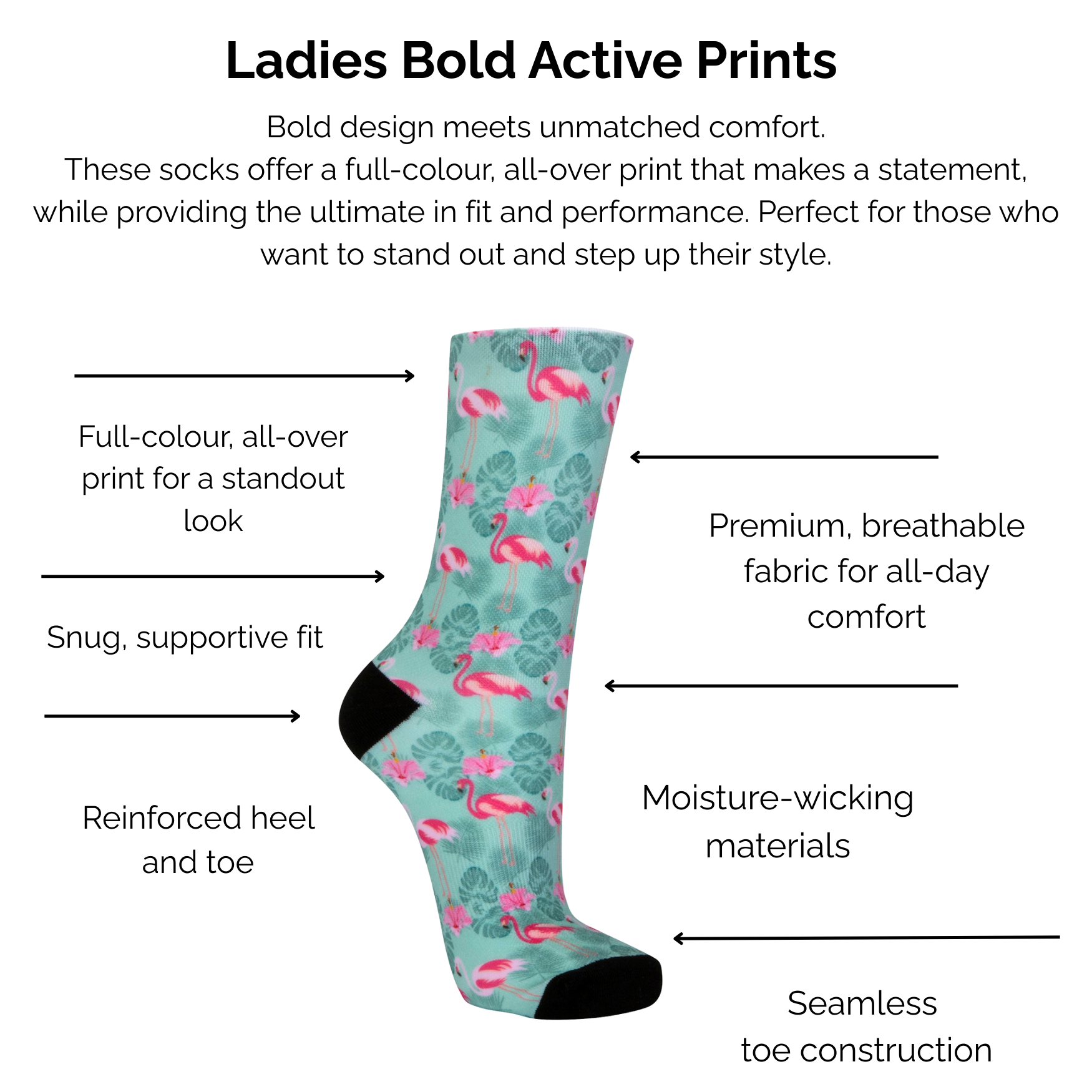 Ladies Bold Active Flamingo Print sock with technical features listed on a white background.