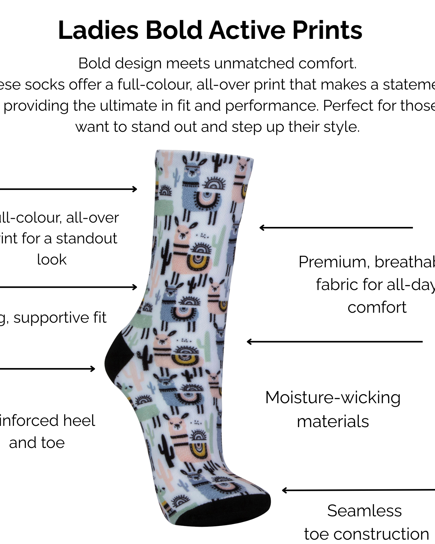 Technical product description of Ladies Bold Active Llama Prints socks with features listed on a white background.