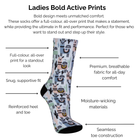 Technical product description of Ladies Bold Active Llama Prints socks with features listed on a white background.