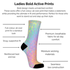 Bold Active Pastel Pop Print sock with text describing technical features on a white background.