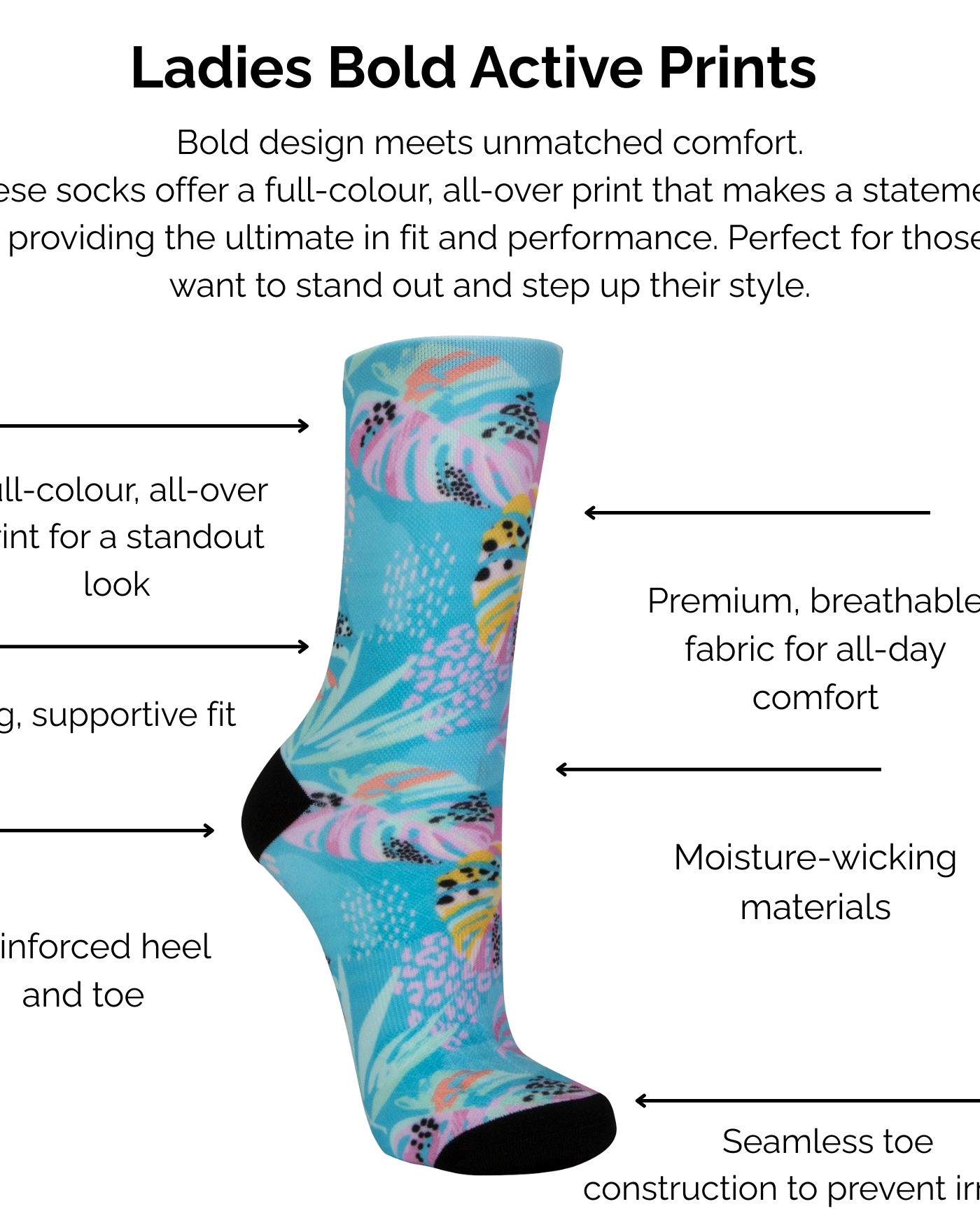 Pastel Tropic Print sock with text describing technical features on a white background.