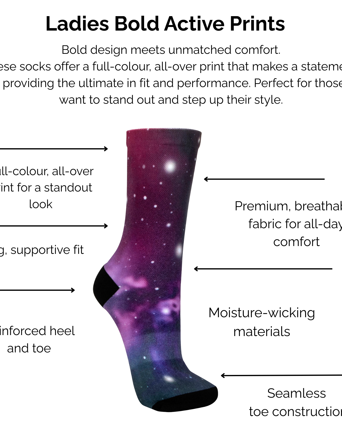 Product description of the Bold Active Purple Galaxy print, highlighting technical features like full-colour design and support fit.