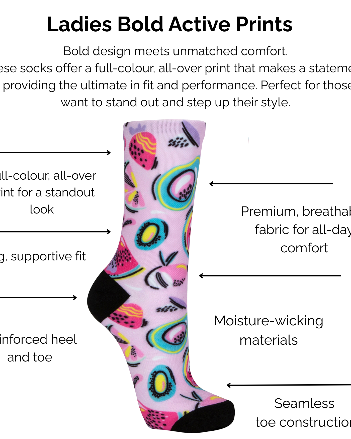 Pink colourful fruit sock with bold design on a white background, featuring text about technical sock features.