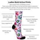 Pink colourful fruit sock with bold design on a white background, featuring text about technical sock features.