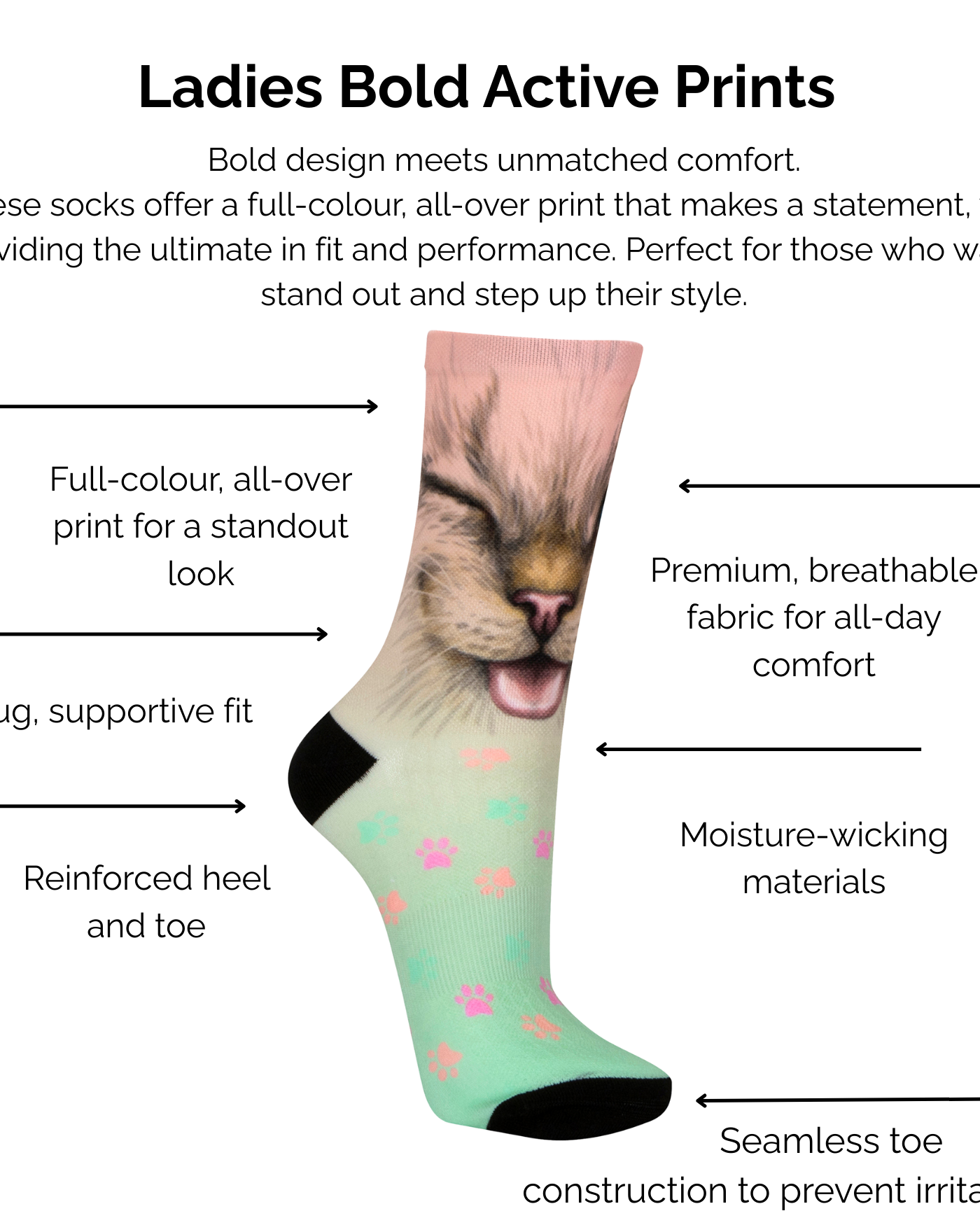 Product description of Ladies Bold Active Prints socks with a cat design, highlighting technical features like full-colour print and snug fit.