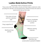 Product description of Ladies Bold Active Prints socks with a cat design, highlighting technical features like full-colour print and snug fit.