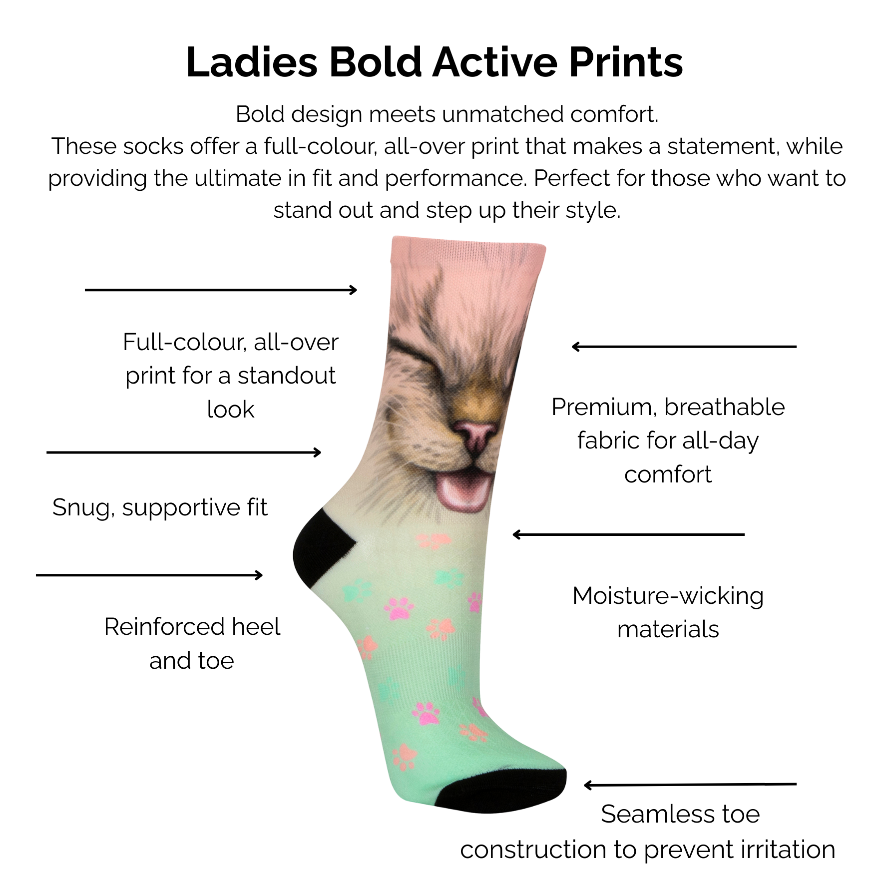 Product description of Ladies Bold Active Prints socks with a cat design, highlighting technical features like full-colour print and snug fit.