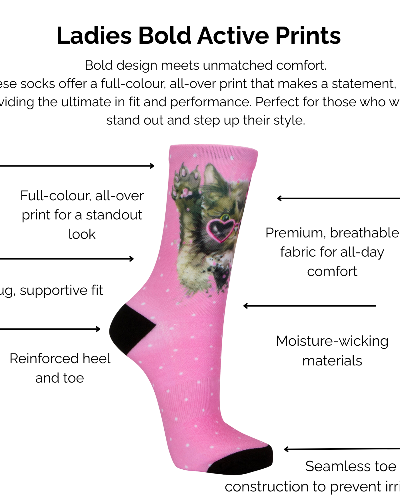 Pink sock with a glamour cat design on a white background with text about sock technical features.