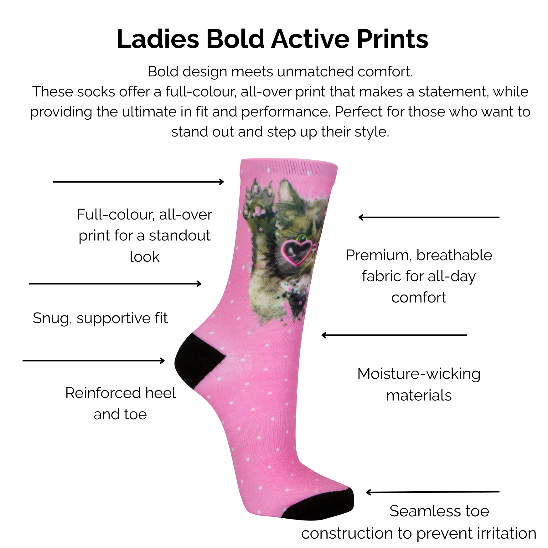 Pink sock with a glamour cat design on a white background with text about sock technical features.
