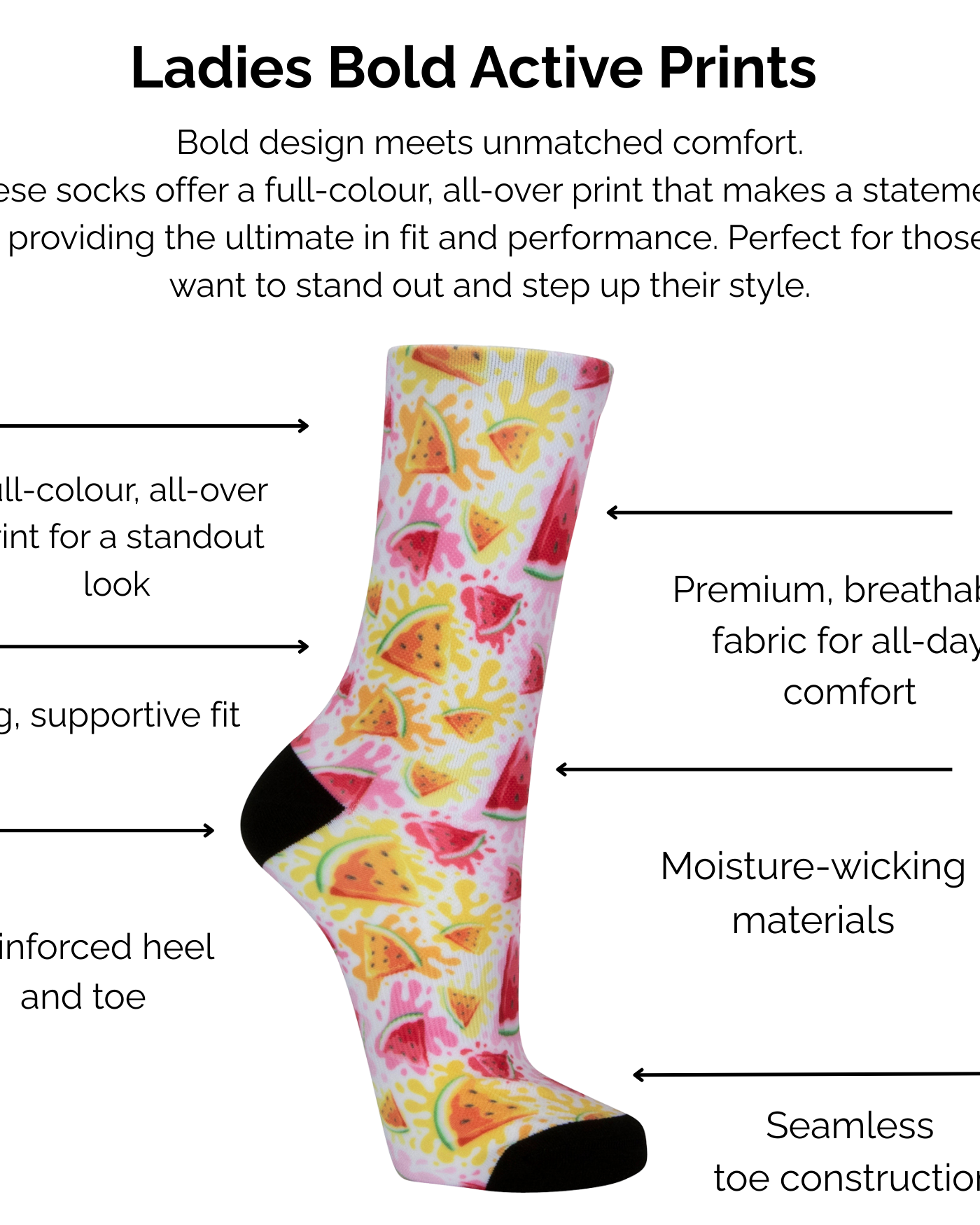Pale pink orange and bright pink watermelon splash sock on a white background, featuring text about the technical sock features.