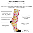 Pale pink orange and bright pink watermelon splash sock on a white background, featuring text about the technical sock features.