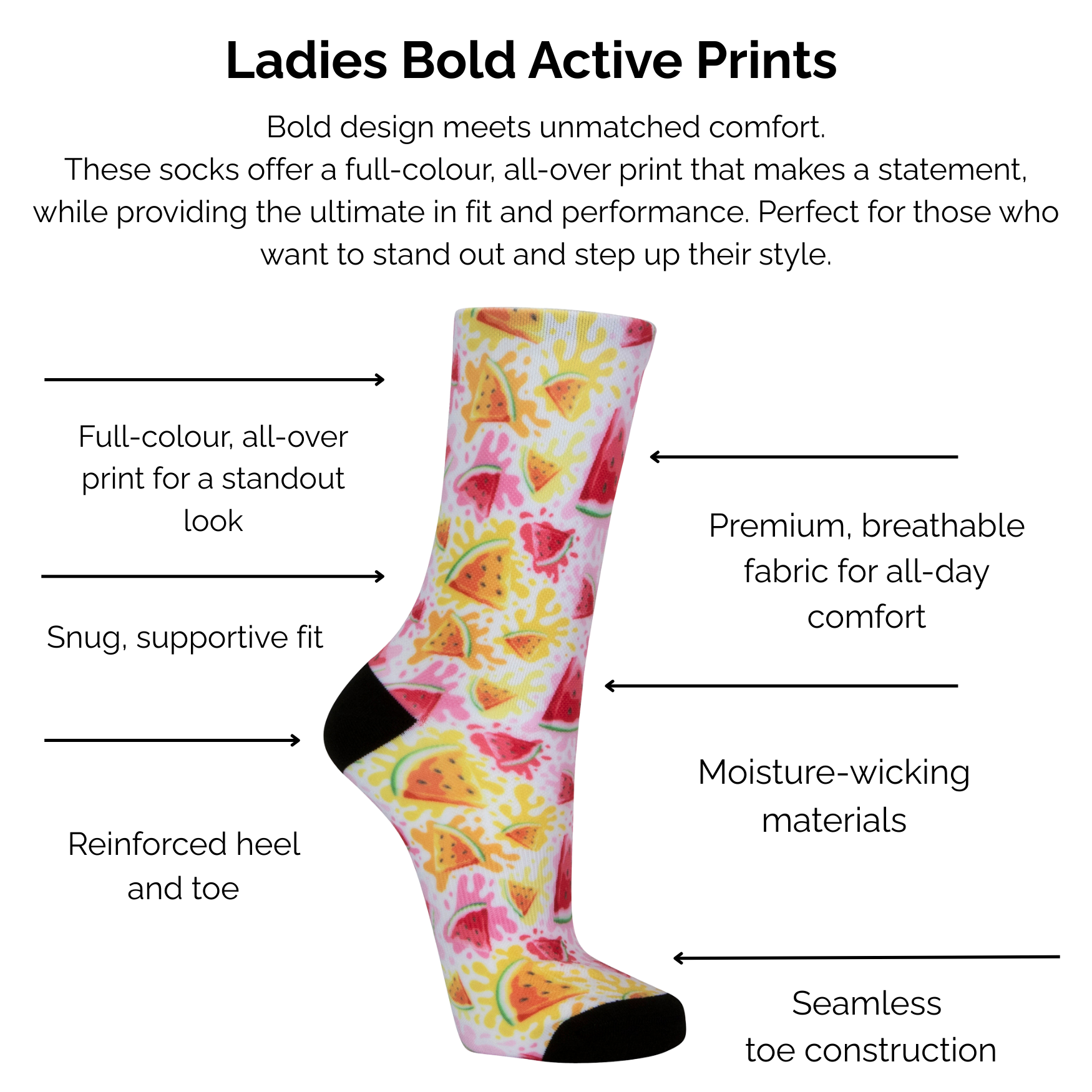 Pale pink orange and bright pink watermelon splash sock on a white background, featuring text about the technical sock features.