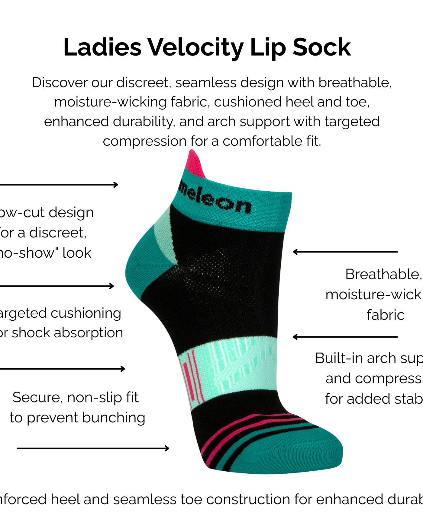 Ladies Teal Velocity Lip Sock with technical features listed on a white background.