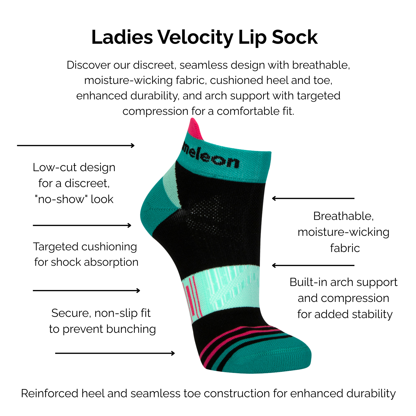 Ladies Teal Velocity Lip Sock with technical features listed on a white background.