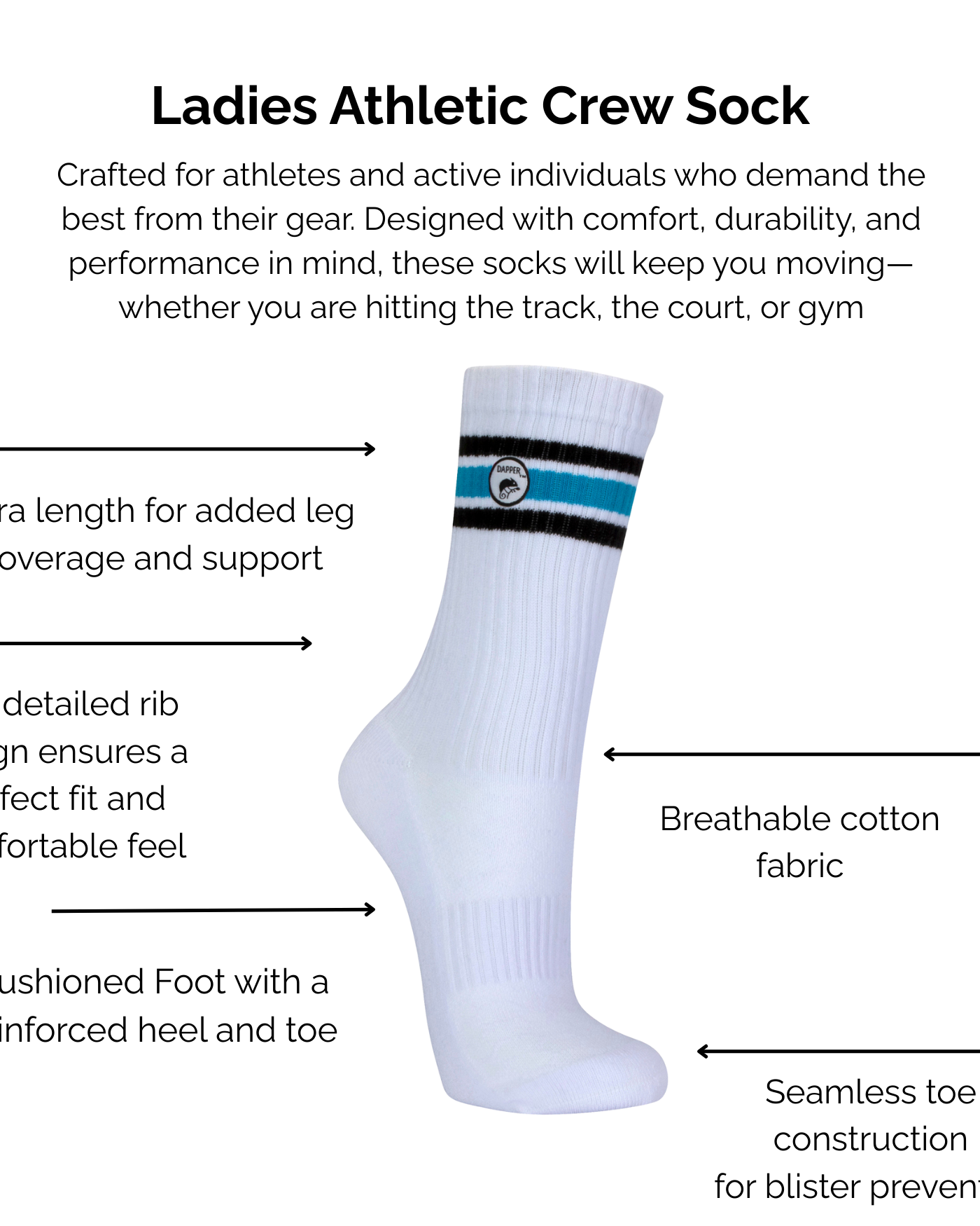 White athletic crew sock with black and blue stripes on a white background, featuring text about the sock's technical features.