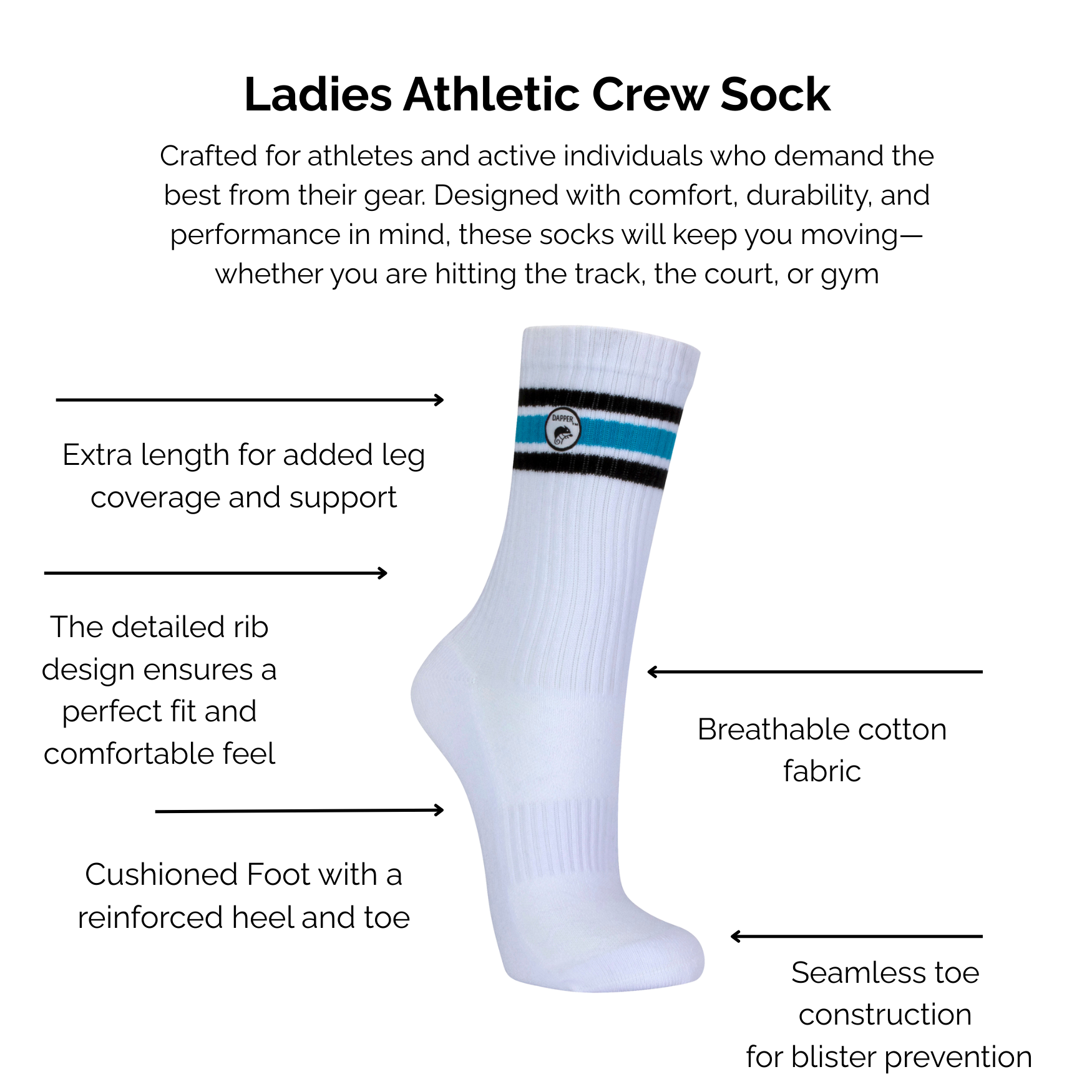 White athletic crew sock with black and blue stripes on a white background, featuring text about the sock's technical features.