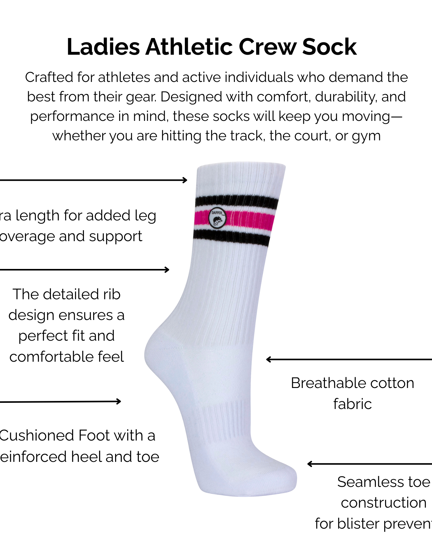 White athletic crew sock with black and pink stripes on a white background, featuring text about the sock's technical features.
