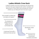 White athletic crew sock with black and pink stripes on a white background, featuring text about the sock's technical features.
