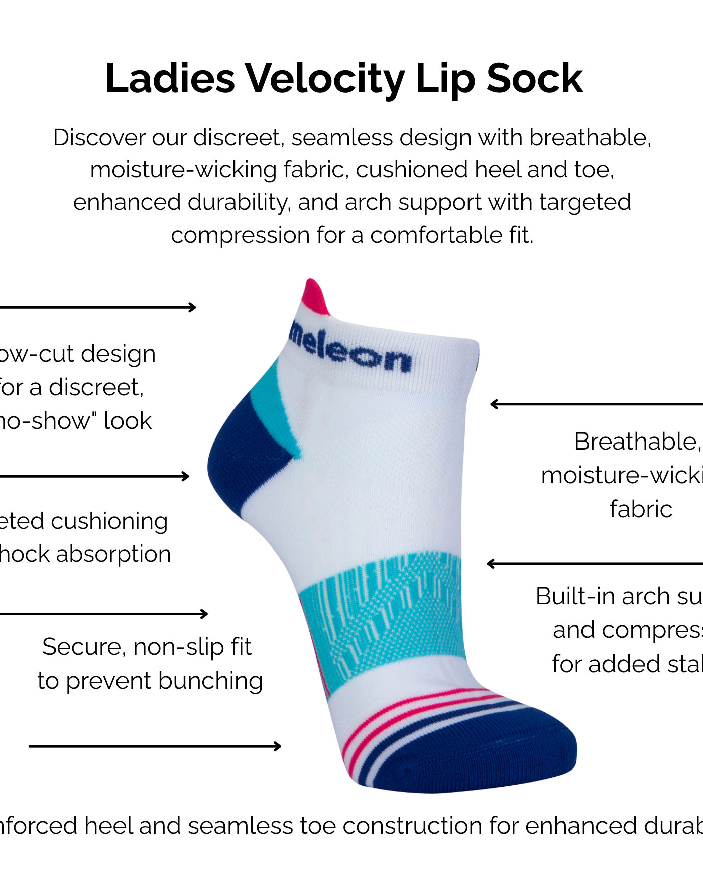 Ladies Velocity Lip Sock with product technical features on a white background.