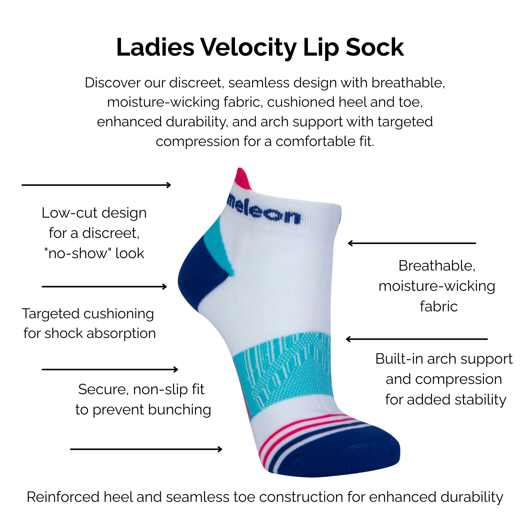 Ladies Velocity Lip Sock with product technical features on a white background.