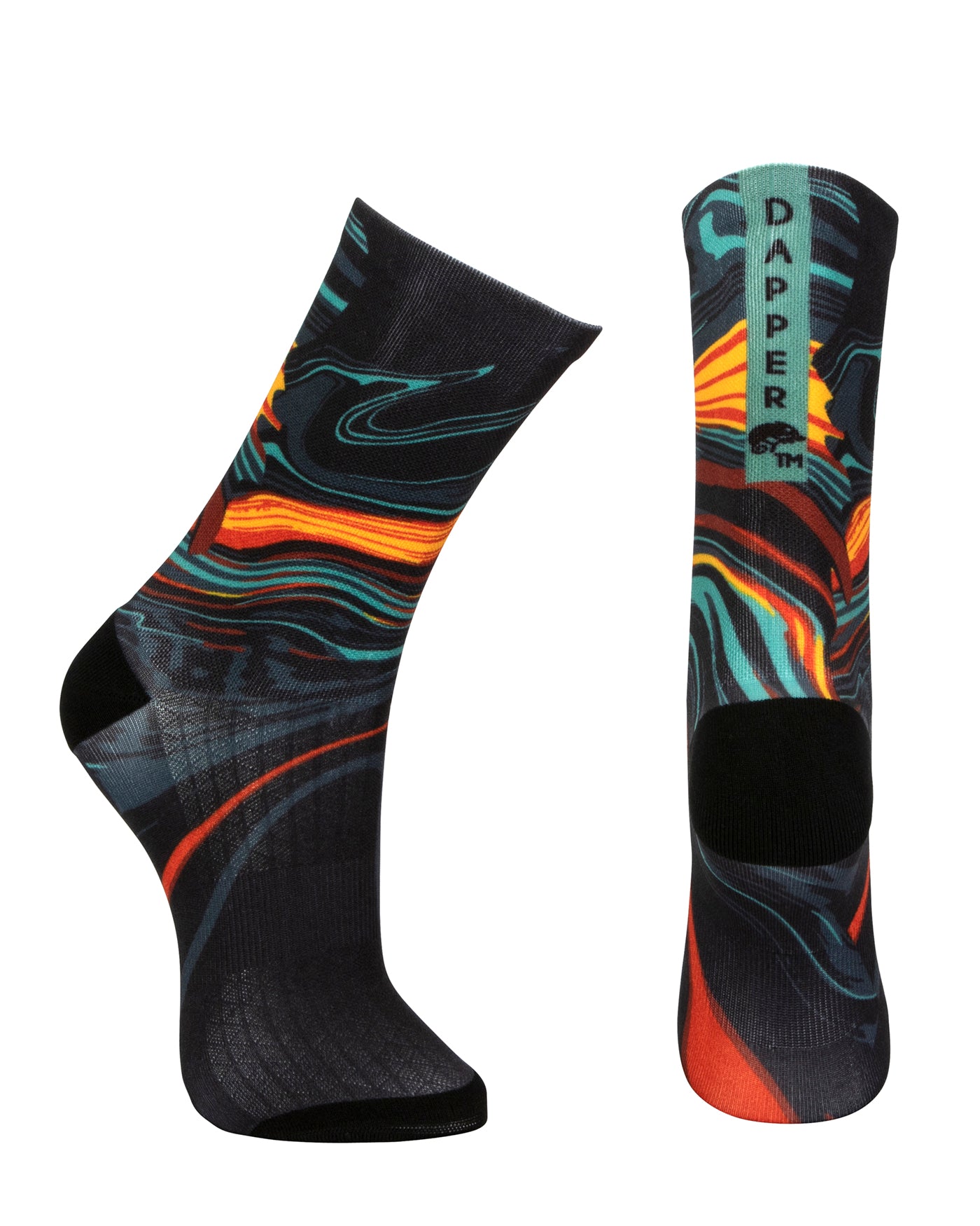 Black seamless toe sock with orange, green and red lava abstract print design and black heel and toe.