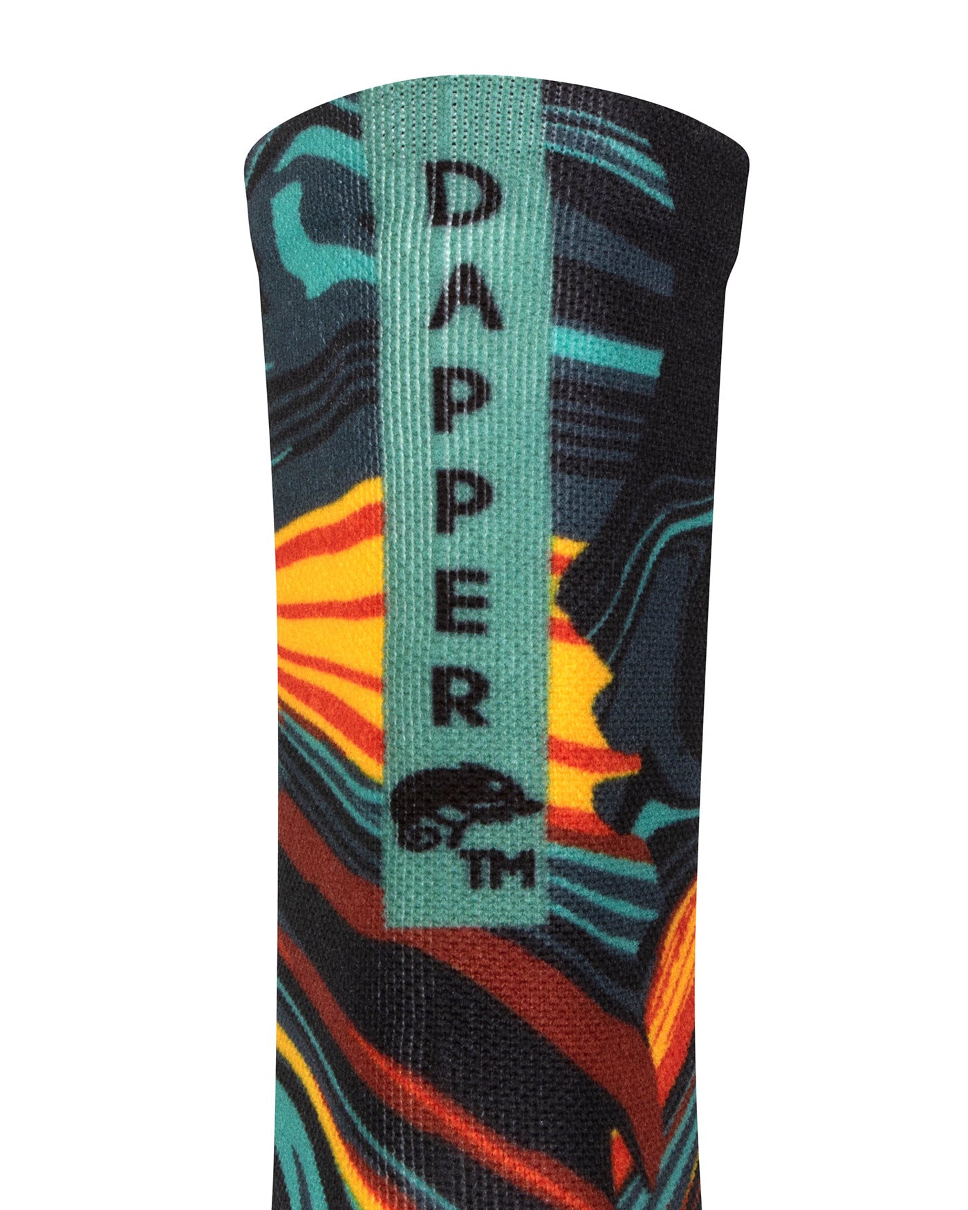 Back view of a black Seamless toe sock with orange, green and red lava abstract print design and with a green strip with Dapper Chameleon wording and logo in black.