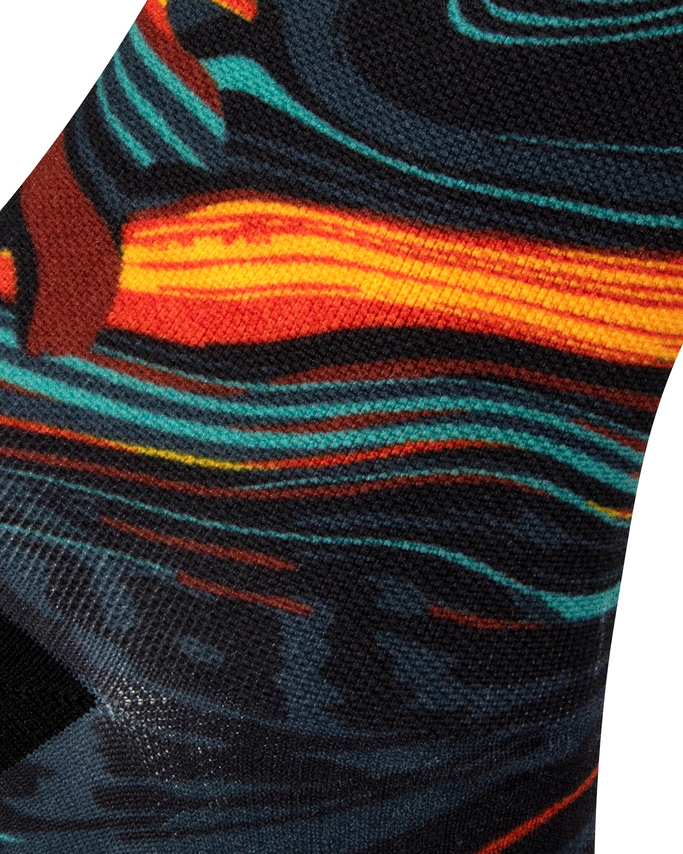 Textured heel view of black seamless toe sock with orange, green and red lava abstract print design and black heel.