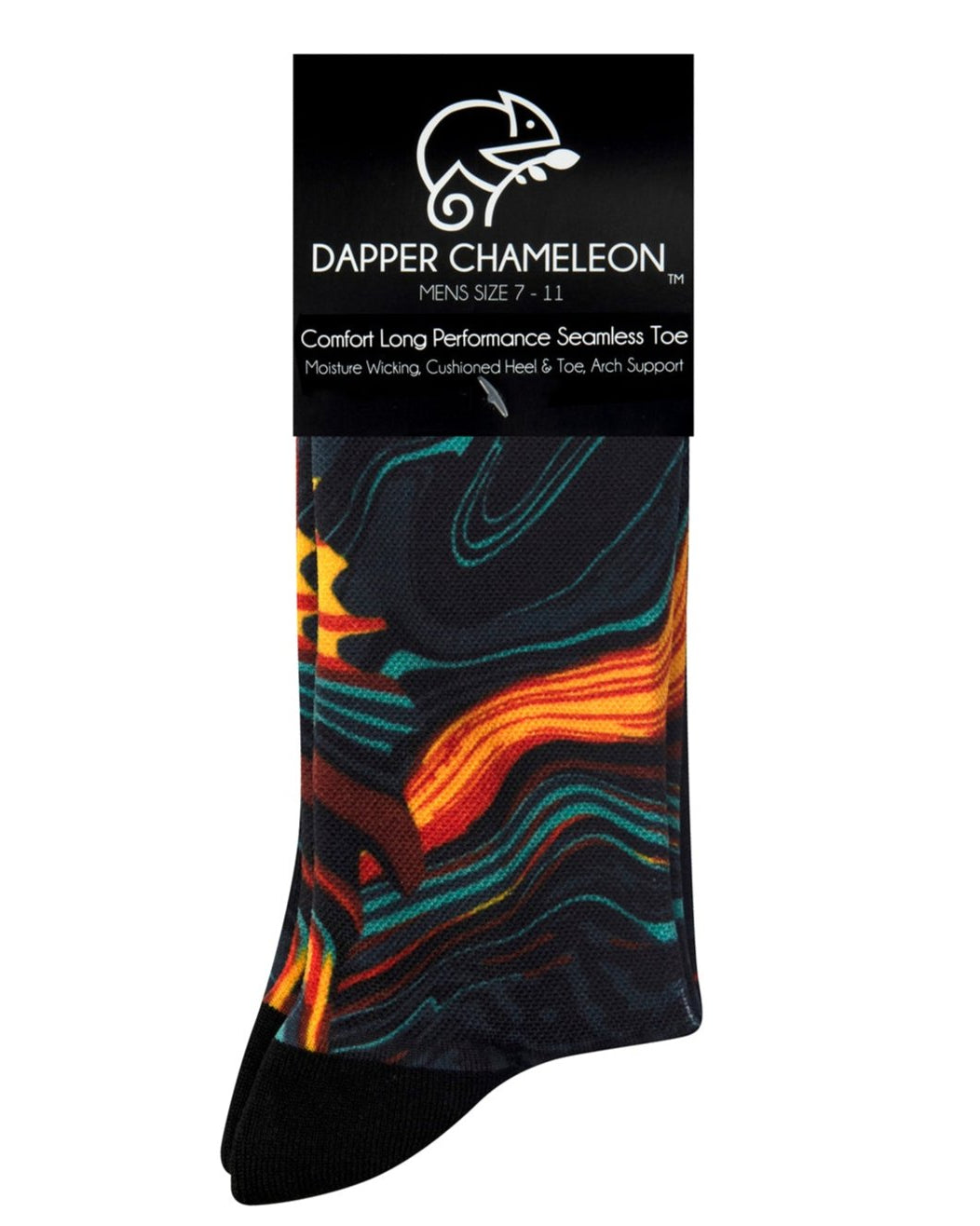 Header card packaging of the black seamless toe sock with orange, green and red lava abstract print design and black heel and toe