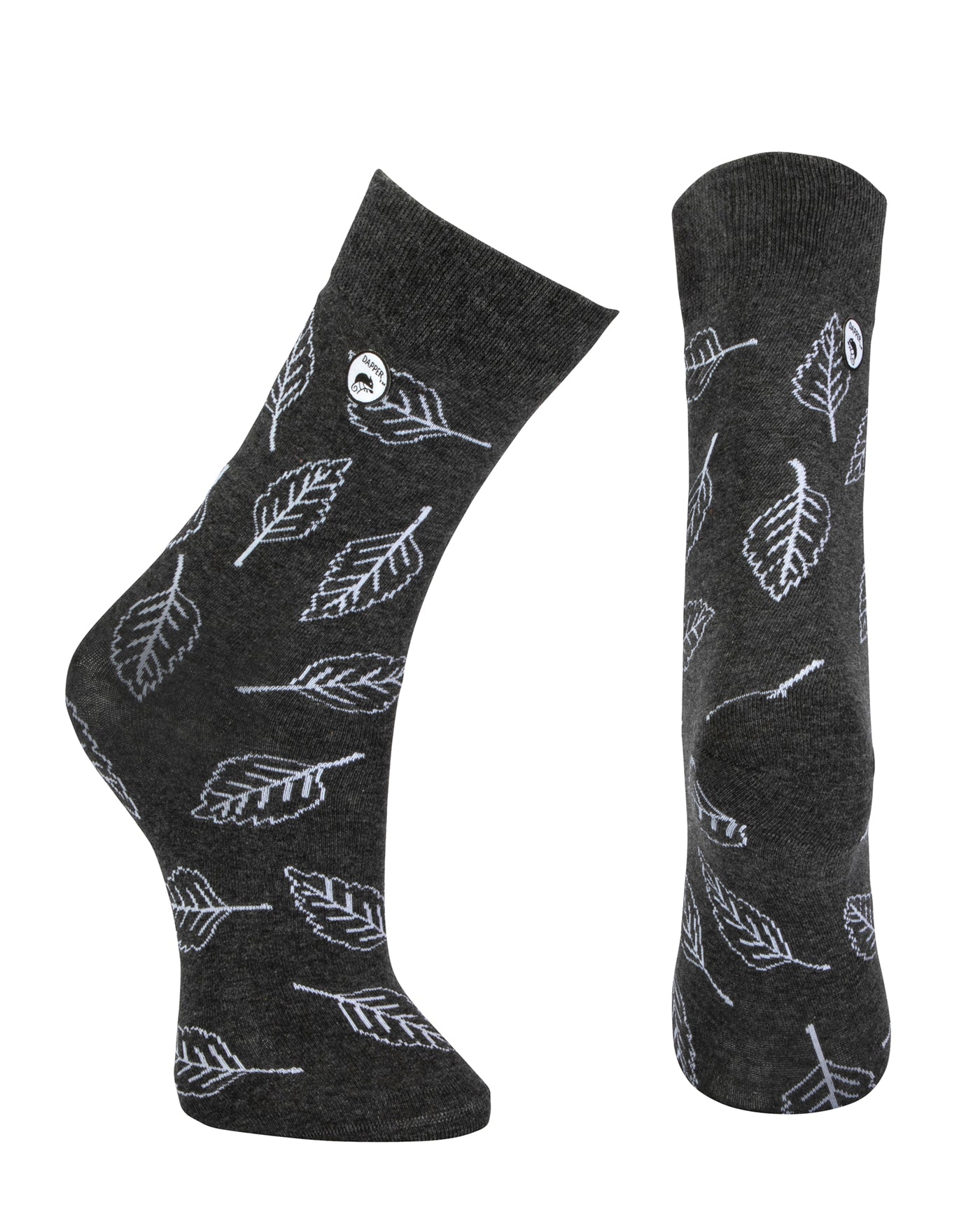 Combed cotton grey seamless toe anklet with white outlined leaves with a grey heel and toe.
