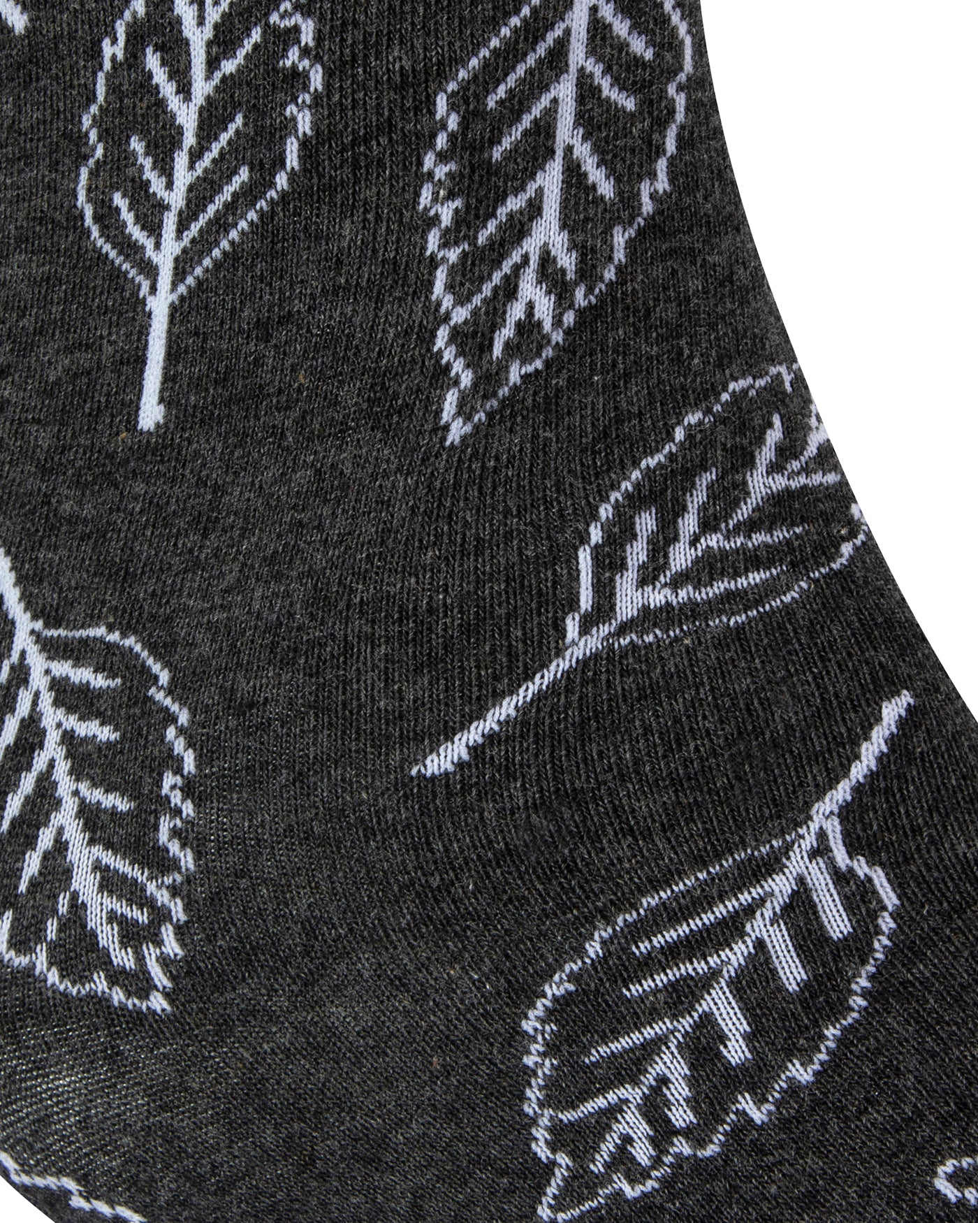 Textured heel view of a combed cotton grey seamless toe anklet with white outlined leaves with a grey heel.