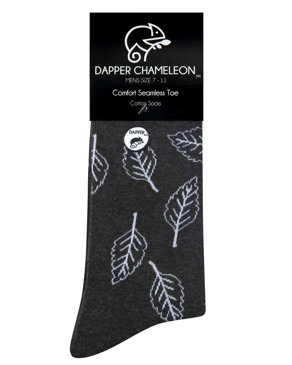 Header card packaging of a combed cotton grey seamless toe anklet with white outlined leaves with a grey heel and toe.
