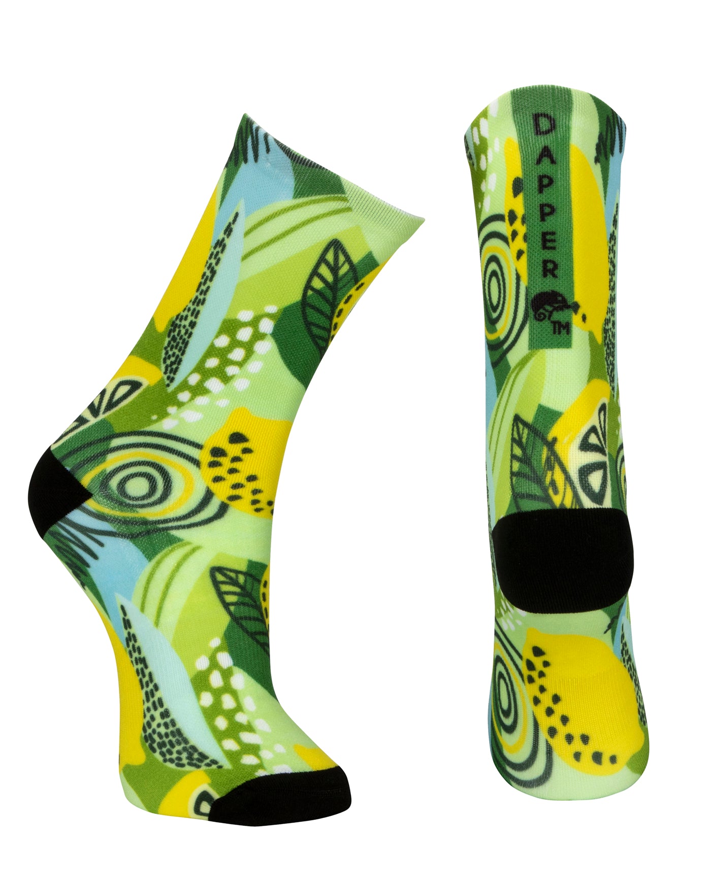 Seamless toe sock with multi-colour greens and yellow lemon & lime print design and black heel and toe.