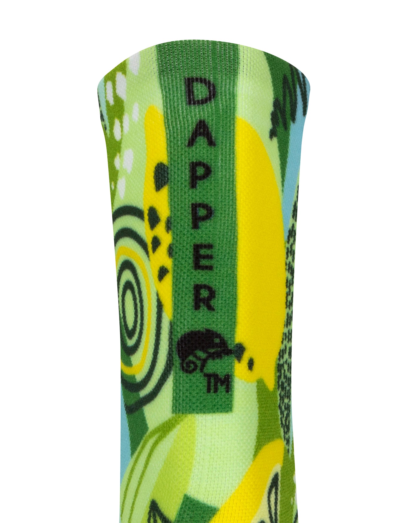 Back view of a seamless toe sock with multi-colour greens and yellow lemon & lime print design with a green strip with Dapper Chameleon wording and logo in black.
