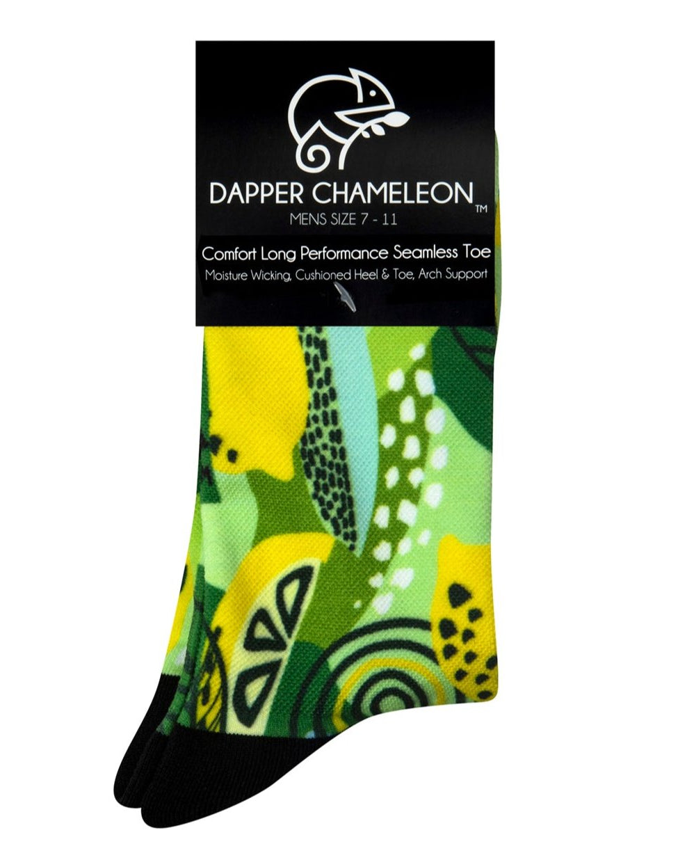 Header card packaging of a seamless toe sock with multi-colour greens and yellow lemon & lime print design and black heel and toe.