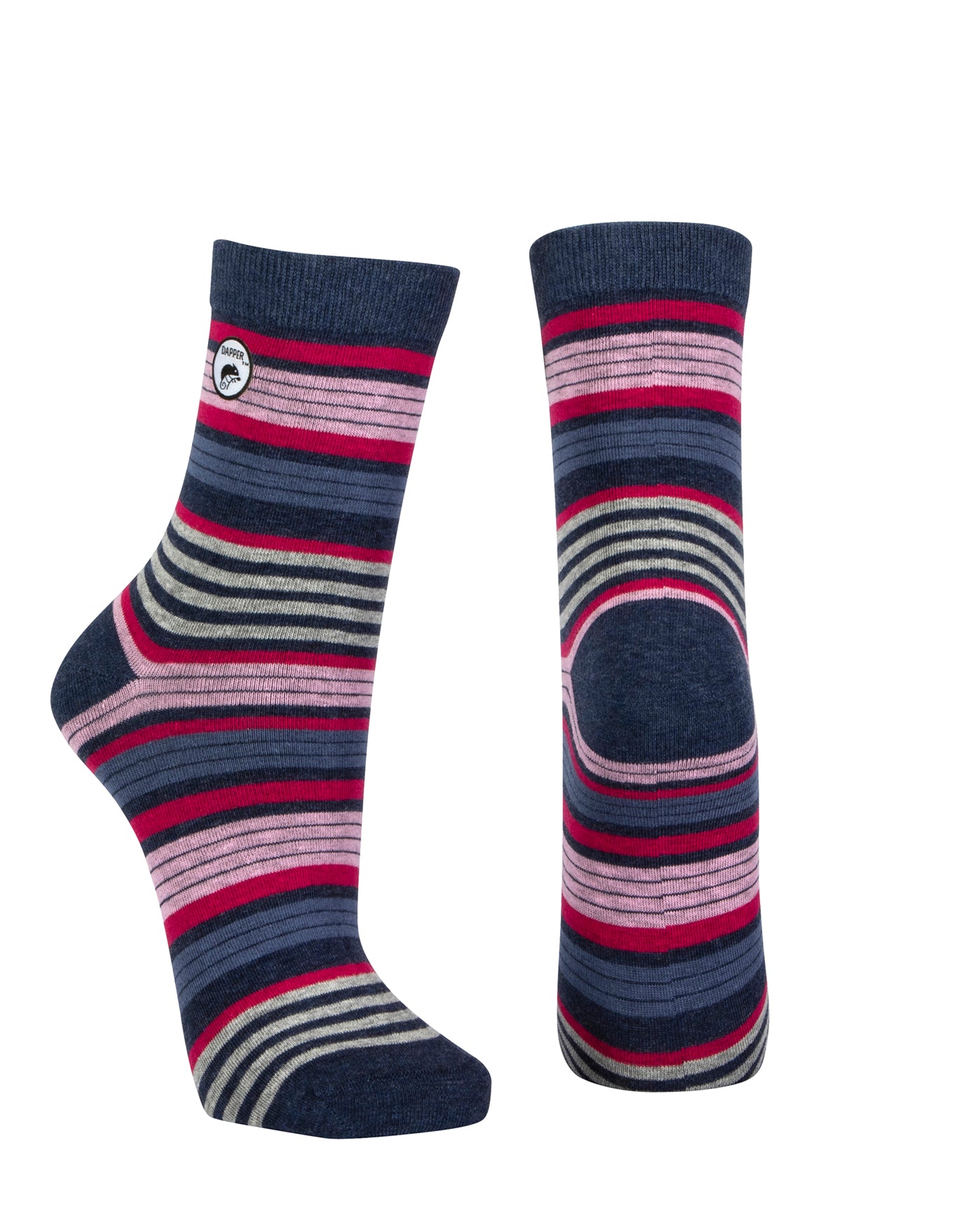 Combed cotton blue melange seamless toe anklet with cerise pink, baby pink, blue and grey stripe with a blue melange heel and toe.