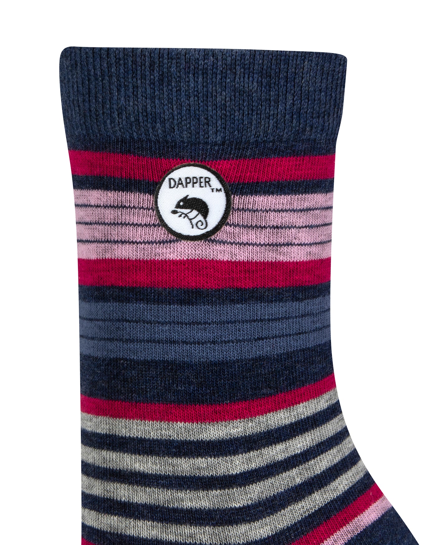 Side view of a combed cotton blue melange seamless toe anklet with cerise pink, baby pink, blue and grey stripe with Dapper Chameleon logo.